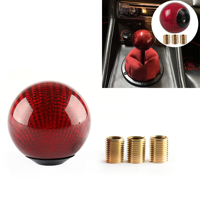 1*Carbon Fiber Shift Knob Gear Shifter Knob W/ 3 Adapters Round Ball Shifter Red Q