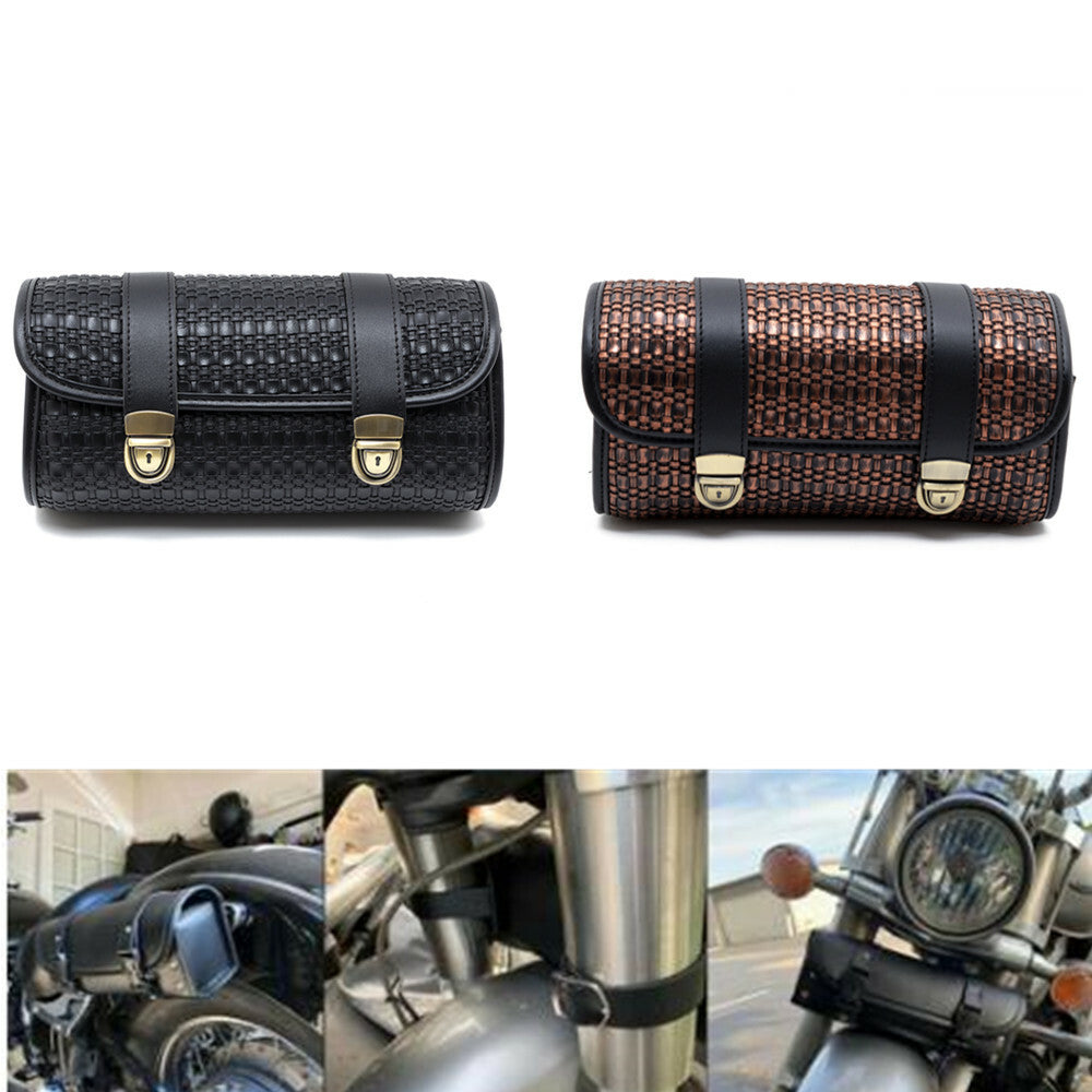 Motorcycle PU Leather Retro Weave Tool Side Bag Storage Pouch Basket for Harley Q