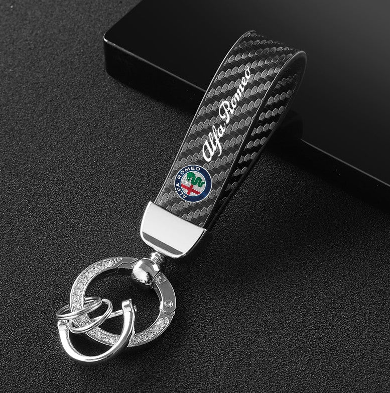 Black carbon fiber pattern silver zircon car keychain/key ring for Alfa Romeo