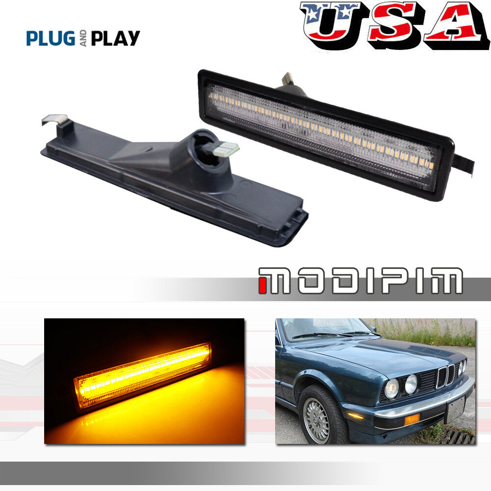 For 84-91 for E30 3 Clear Lens Amber LED Front Corner Side Marker Lights - v