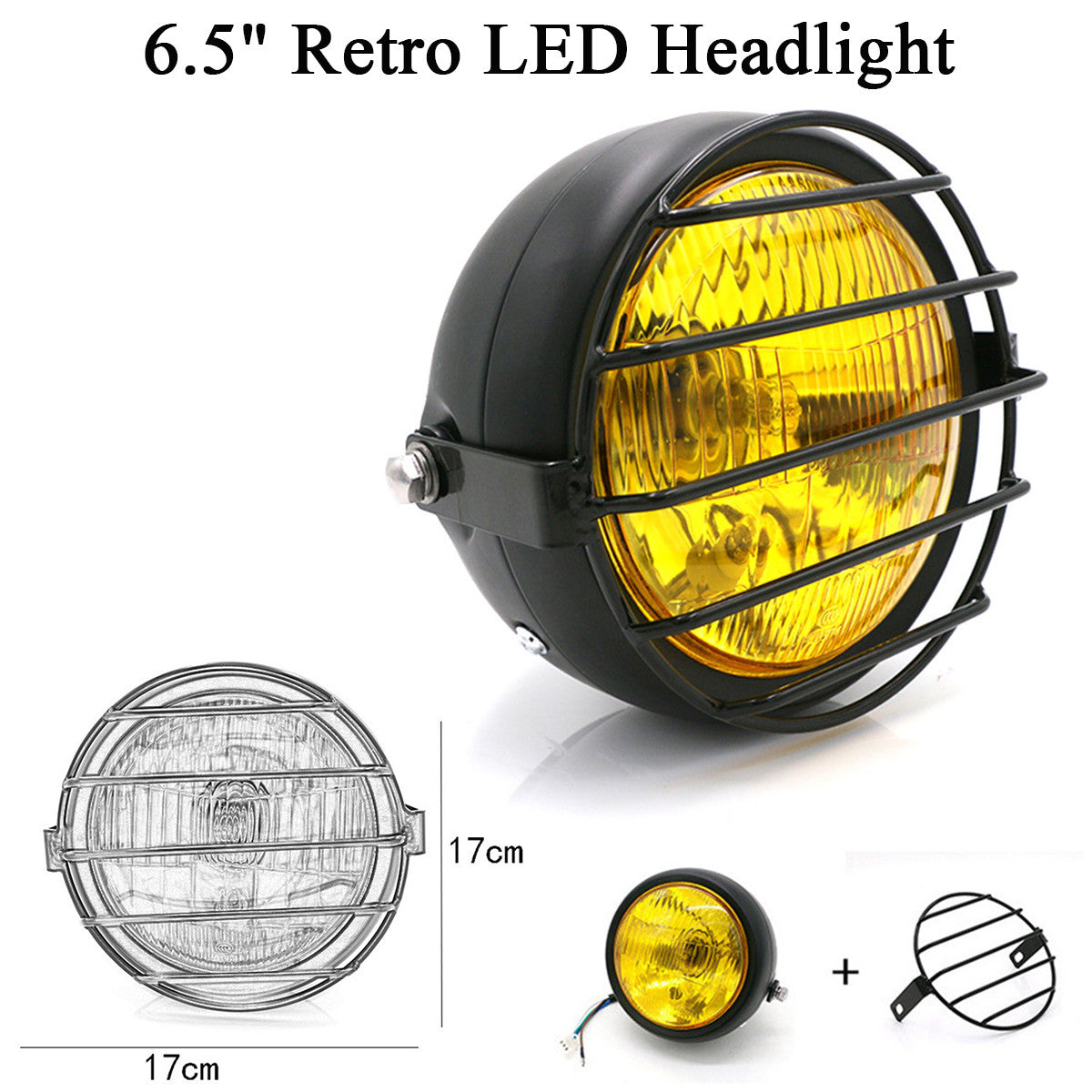 6.5 Retro LED Headlight Grill Side Mount Cover W/ Bracket Cafe Racer Motorcycle Q