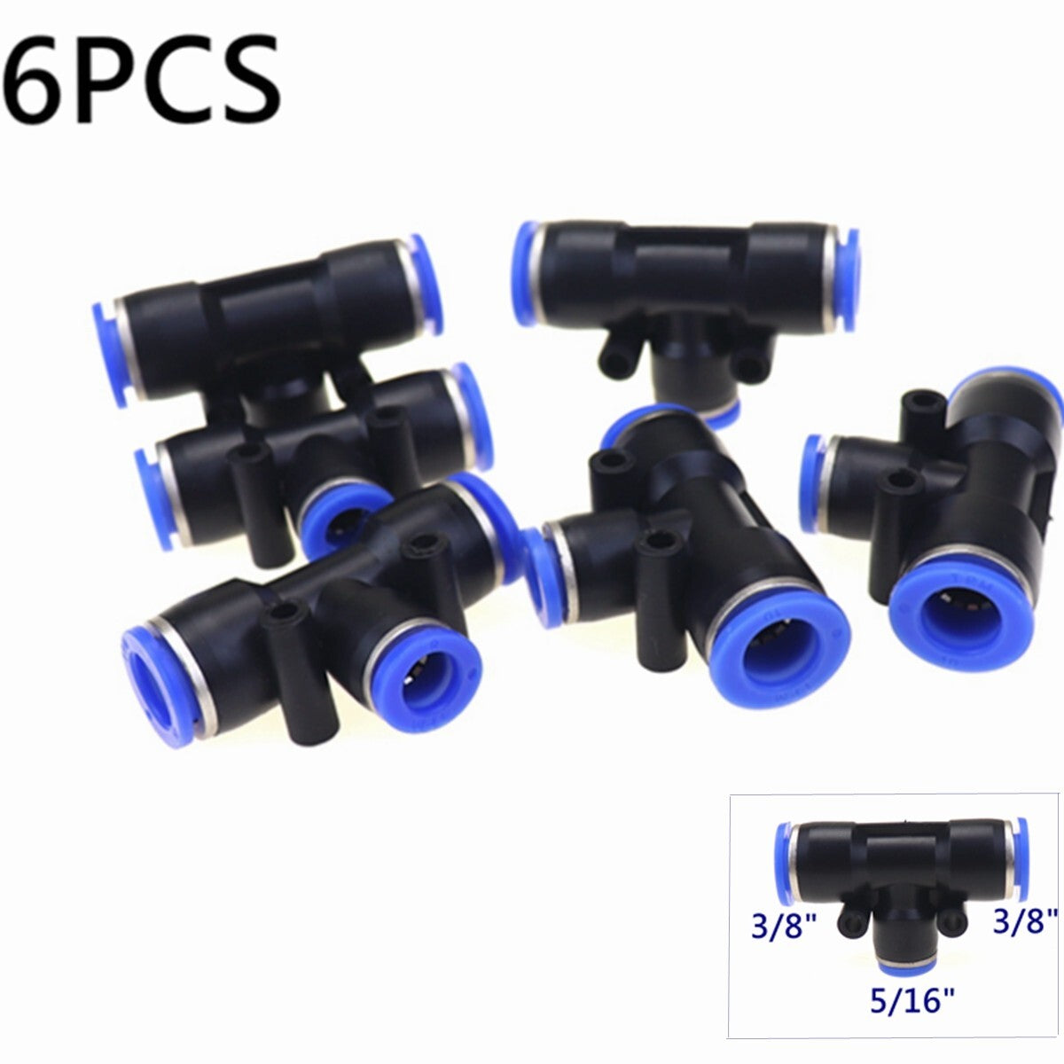 6X Pneumatic Reduced Tee Union Push In Fitting Tube OD 3/8 To OD 5/16 One Touch