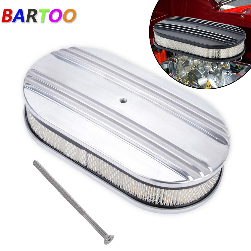 Chrome Half Finned Air Cleaner Set with Washable Filter, 12 x 2 Inch, Oval Shape Q
