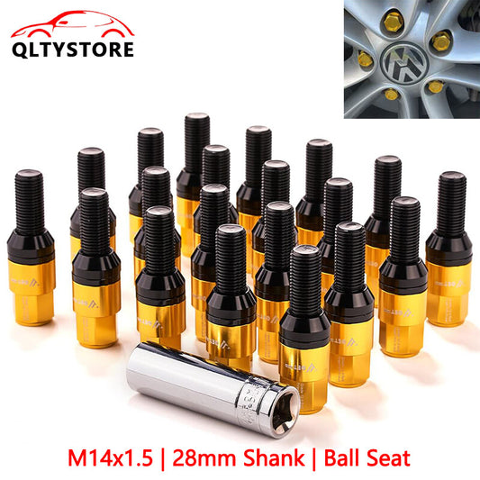 20x M14x1.5 wheel lug bolt set, 28mm shank ball for seat bolts suitable for Audi , for VW , for Mercedes-Benz , gold-plated. Q