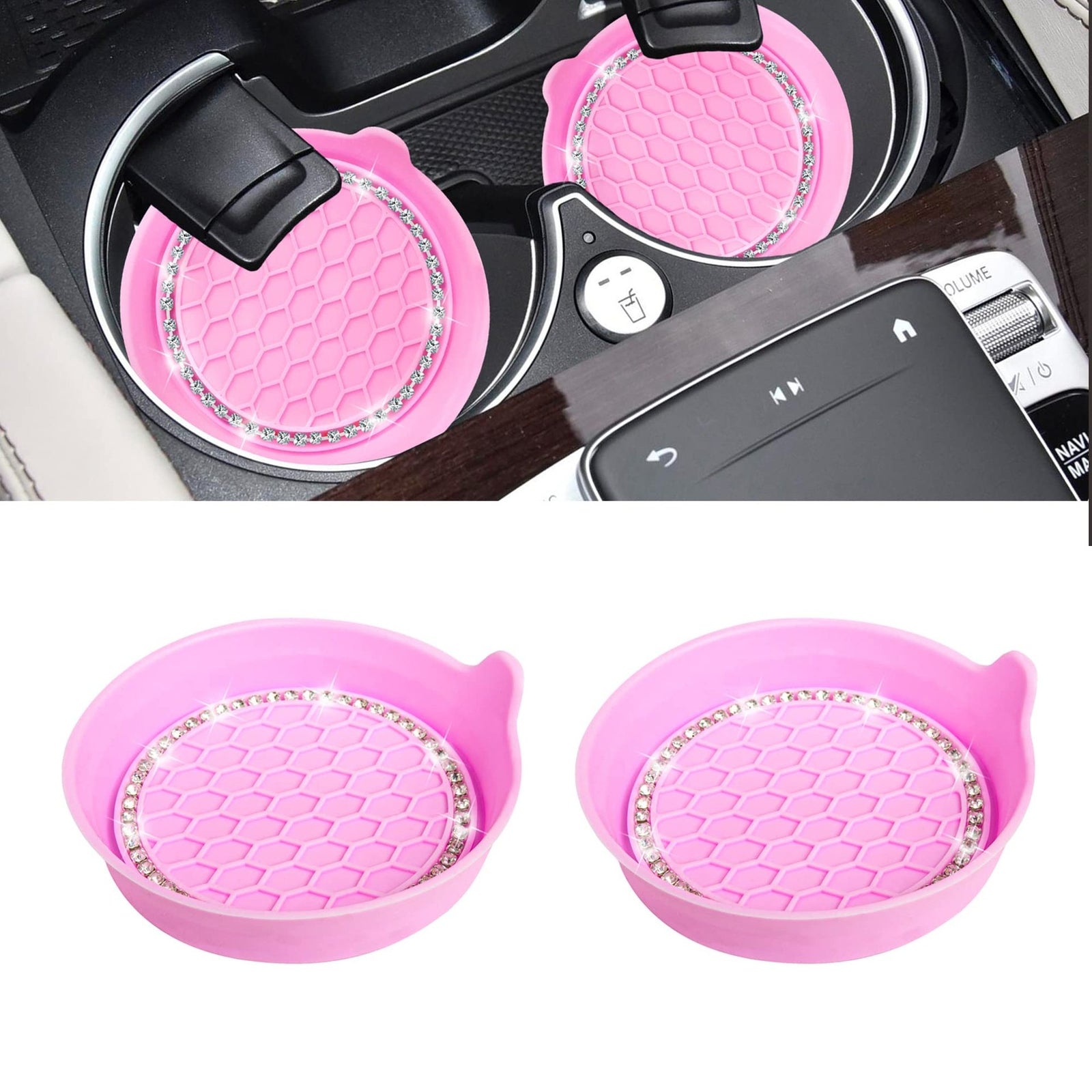 2x Bling Rhinestone Car Interior Cup Holder Insert Coaster Anti Slip Pink