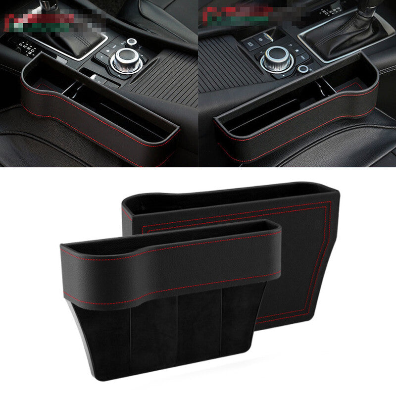 2-Piece Car for Seat Gap Storage Box, Cup Holder Organizer, PU L+R, Black Leather with Red Stitching n