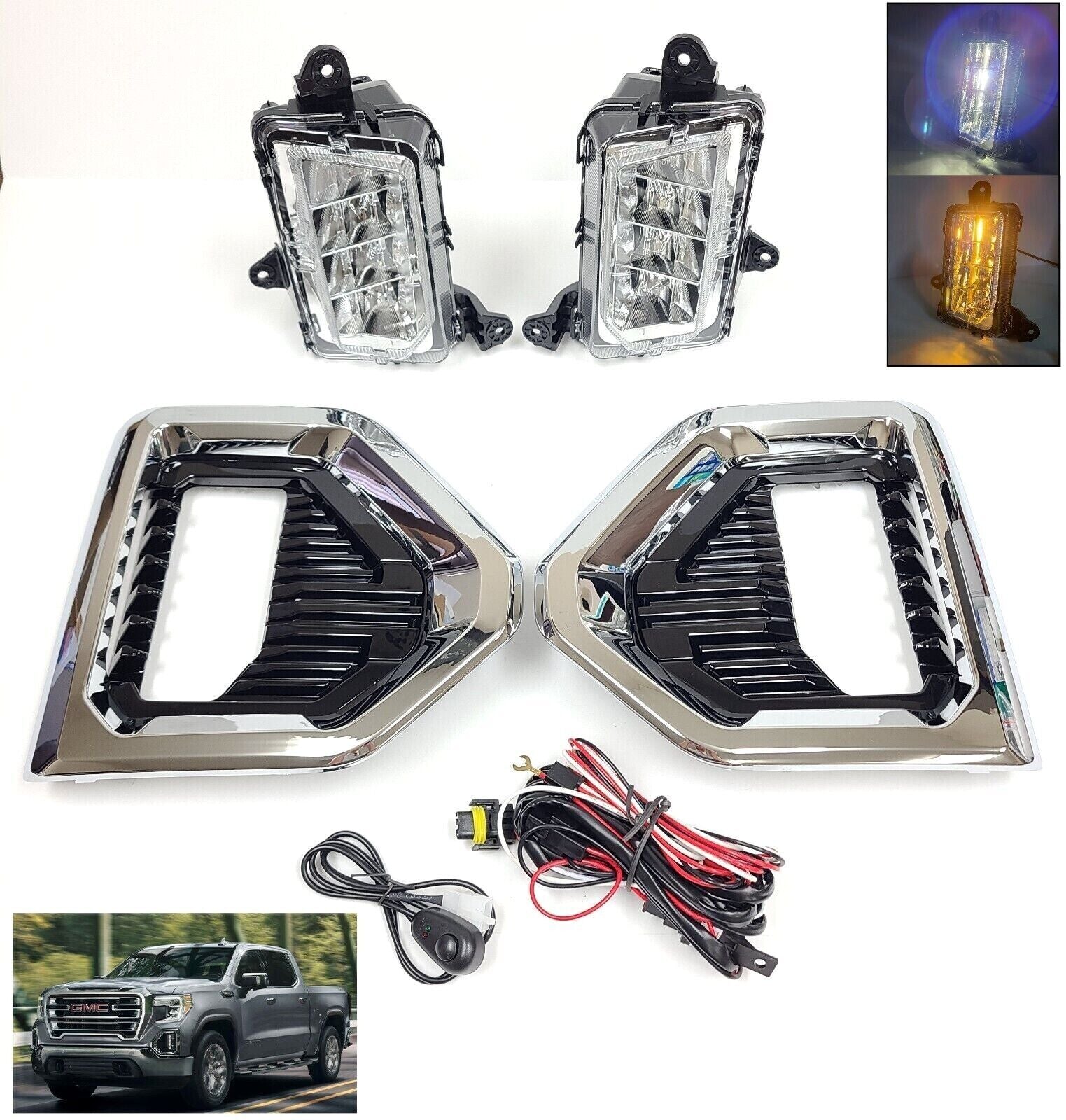 LED Fog Lights For 2019-2021 for GMC for Sierra 1500 Denali Replacement Kit Bezel Switch