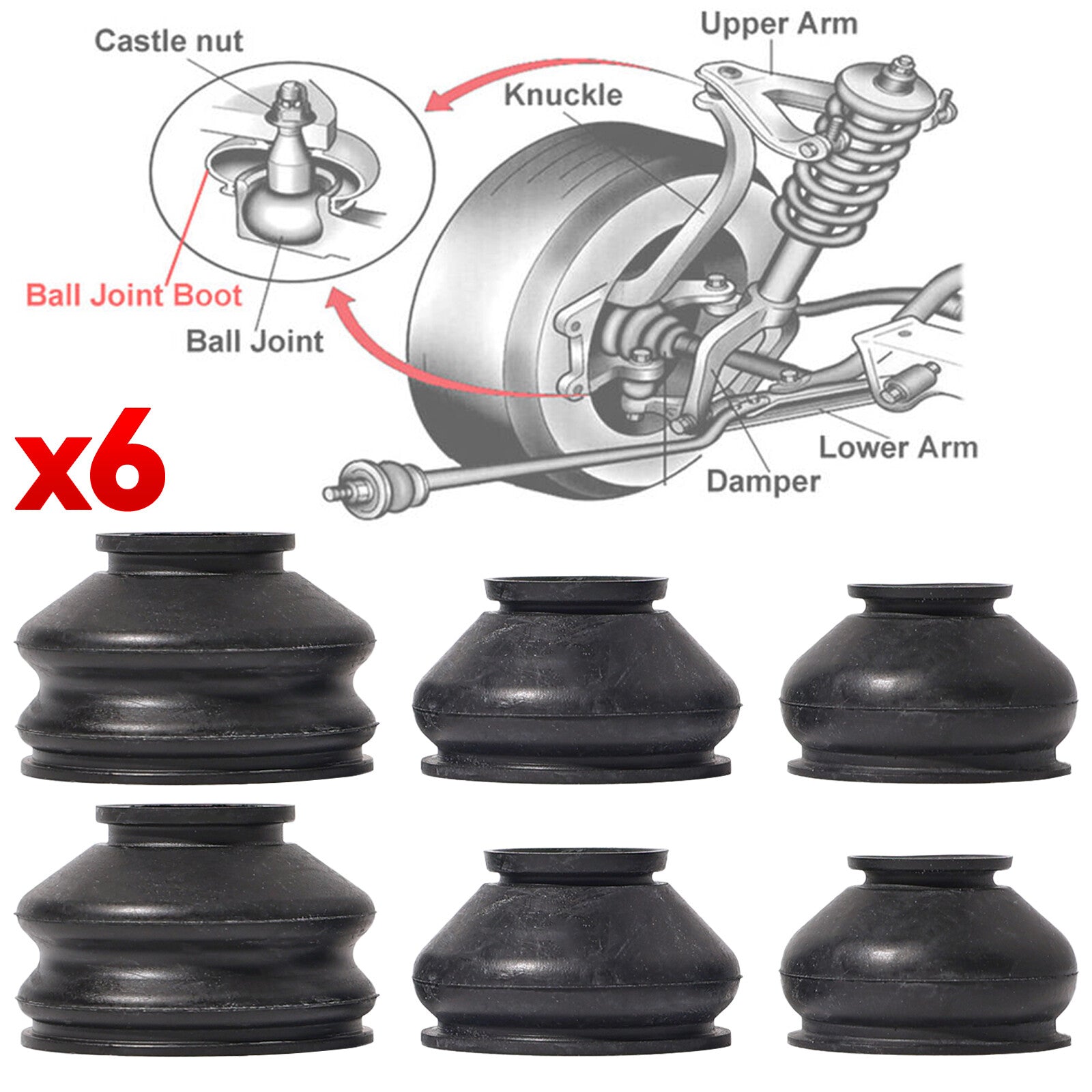Universal 6x Black Rubber Ball Joint Dust Boot Cover Tie Rod End Set /Kit Part