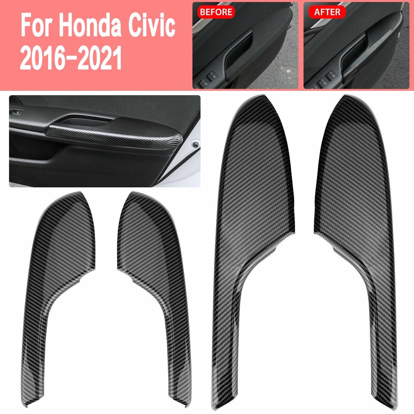 4x Carbon Fiber Interior Door Armrest Panel Cover for Honda for Civic 2016-2021