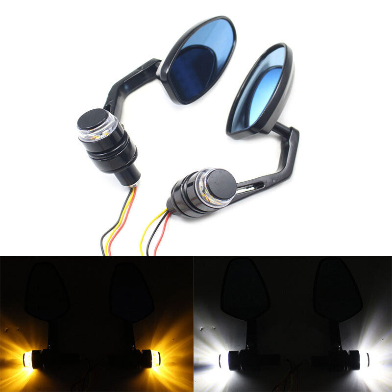 2PCS 7/8Motorcycle Handlebar End Mirrors with LED Turn Signal Light Lamp US v