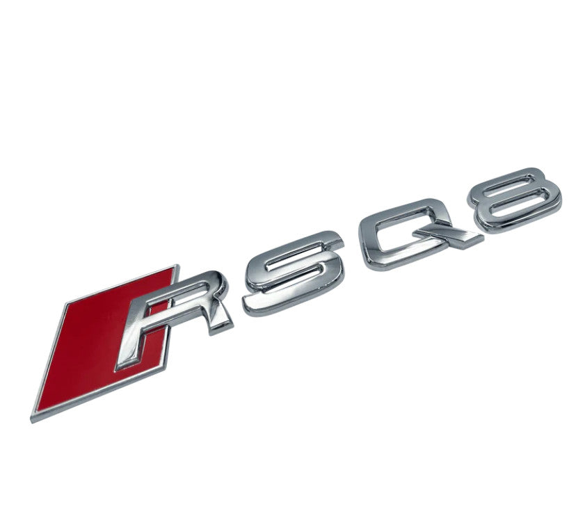 Silver chrome badge sticker for Audi RSQ8 rear emblem, trunk boot, and nameplate.