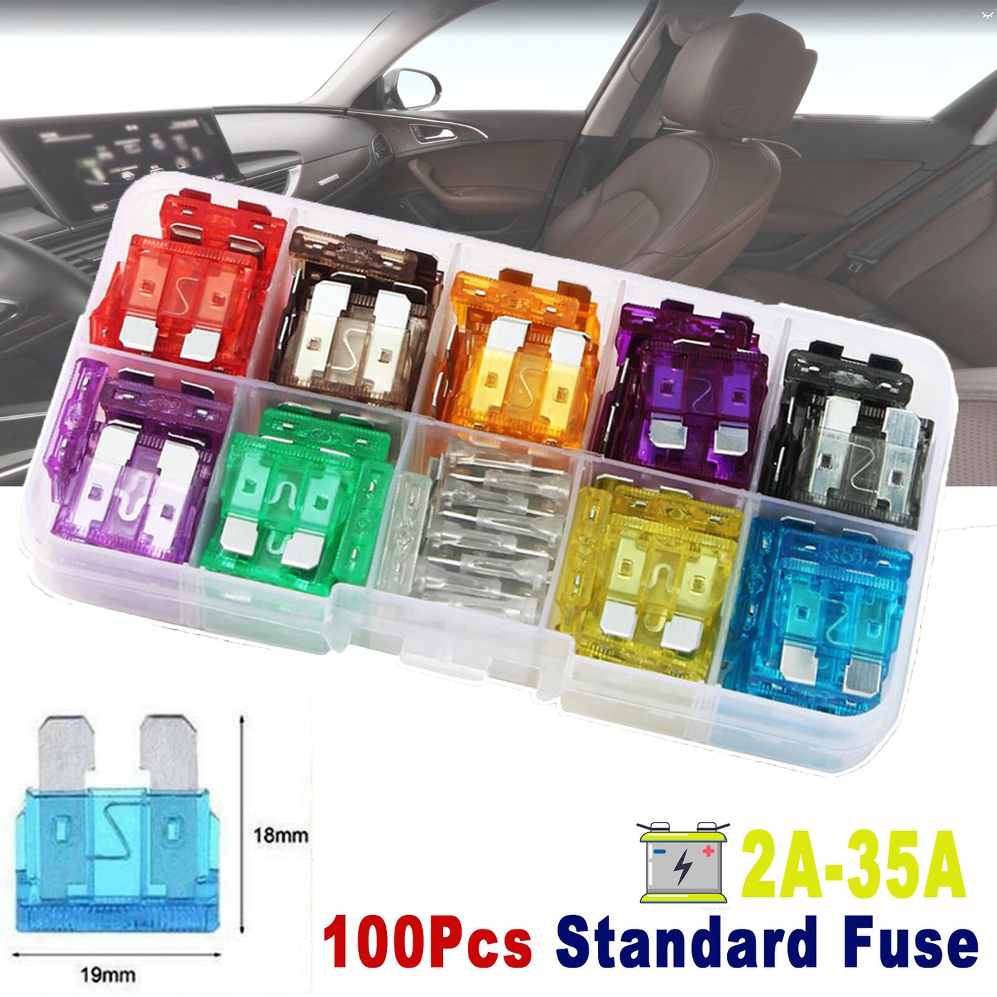 19mm Autosicherungen KFZ Sicherungen Flachsicherung Sortiment 5A 30A Set 100stk. Q