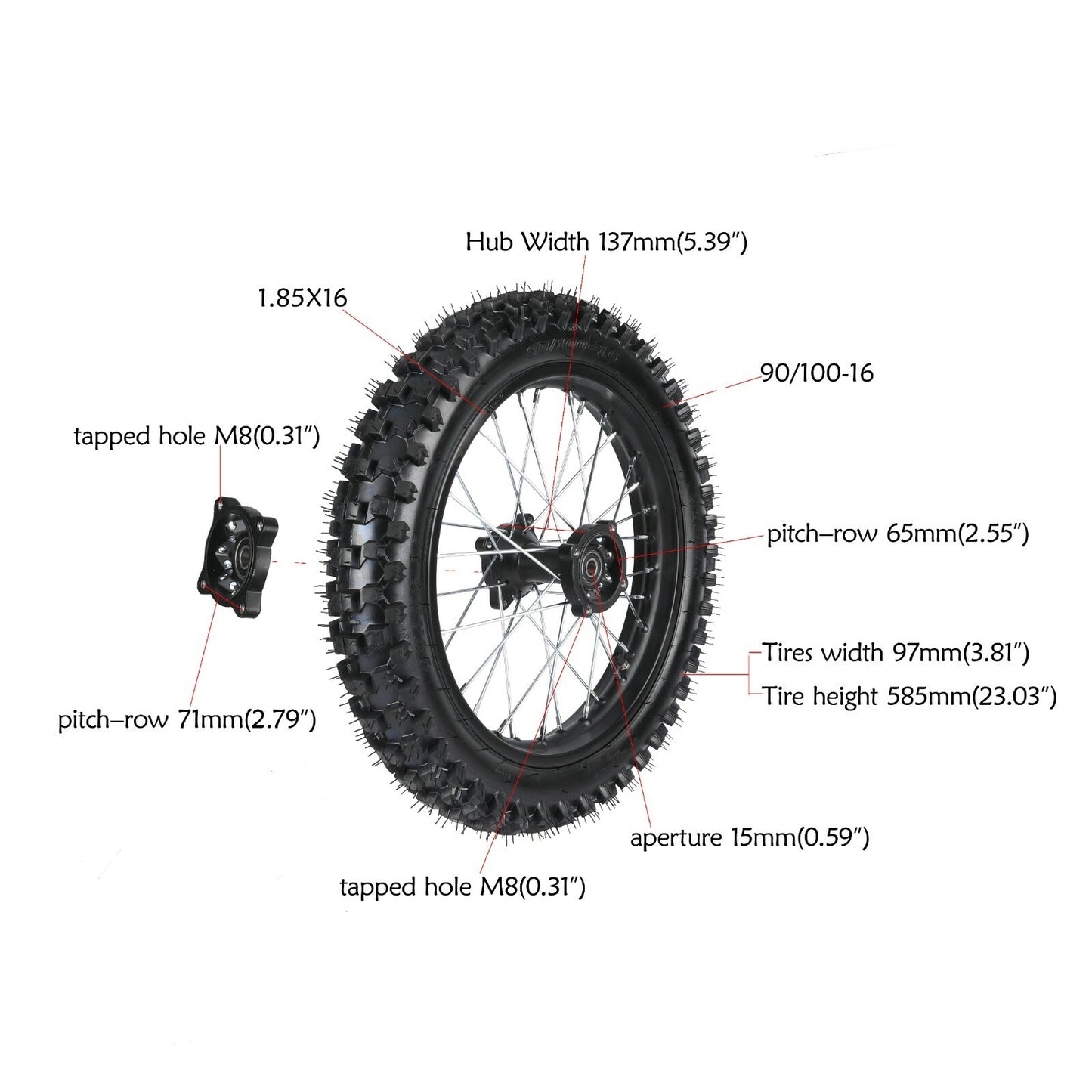 Front 70/100-19 + Rear 90/100-16 tires and rims suitable for Dirt Pit bicycle CR85RB