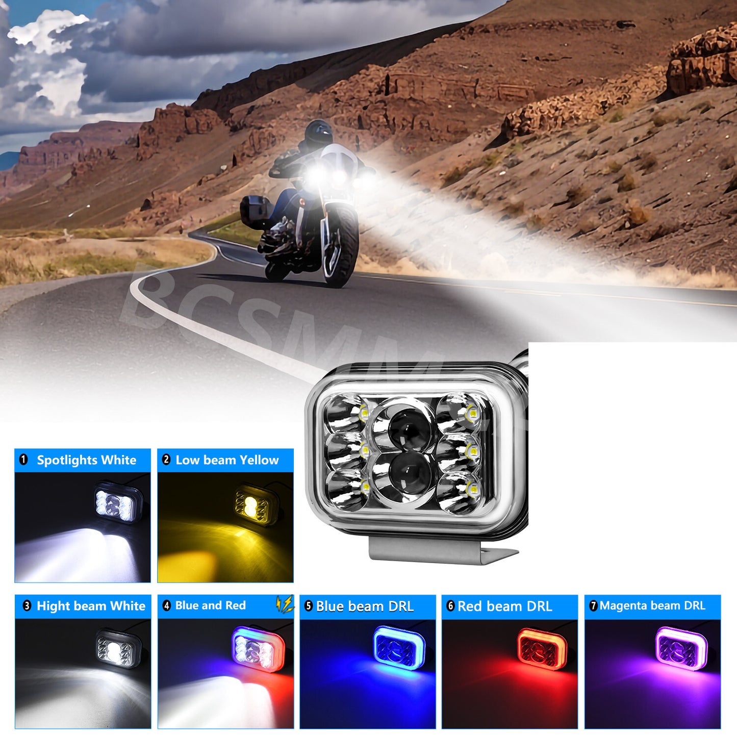 Motorcycle Spotlight LED Work Light 7 Modes Lamp High Brightness Waterproof Trim Q