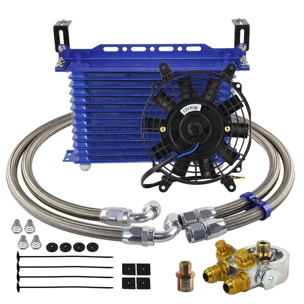 13 Row Oil Cooler Kit w/Thermostat Oil Filter Adapter Kit+7 Electric Fan Kit BL