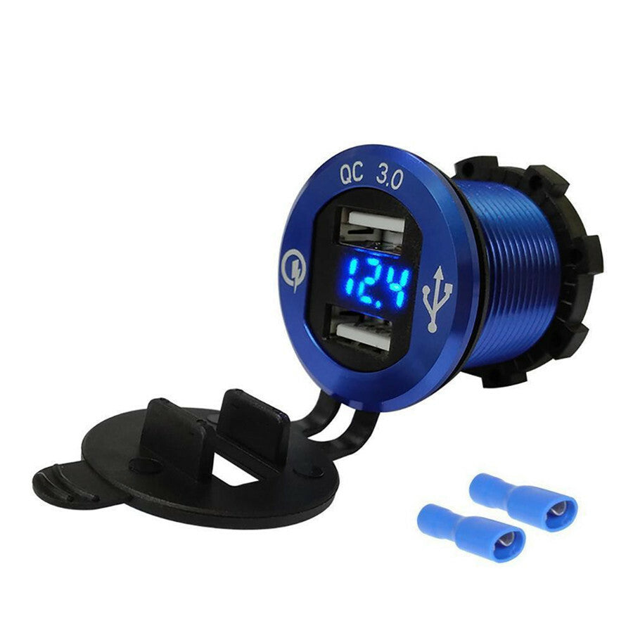12V QC3.0 Dual USB Car Fast Charger Socket Power Outlet LED Voltmeter Waterproof