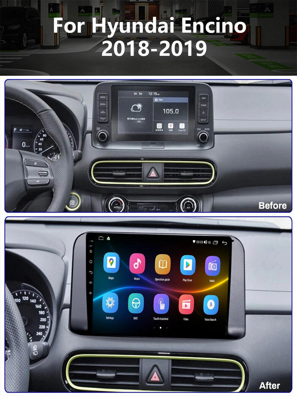 Android Auto Car Radio CarPlay for Hyundai Encino Kona 2018-2019 GPS Navi Screen