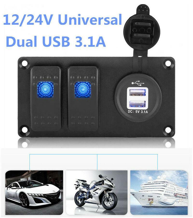 Blue LED Dual USB Port Automotive & Marine Rocker Switch Panel Circuit Breaker 3-Pin Multi-Function n