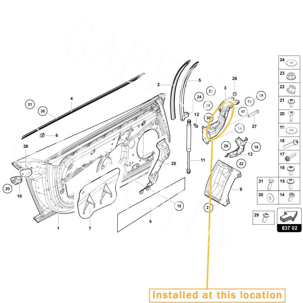 Left door hinge for Lamborghini Aventador LP700. equipment manufacturer: 470831411E