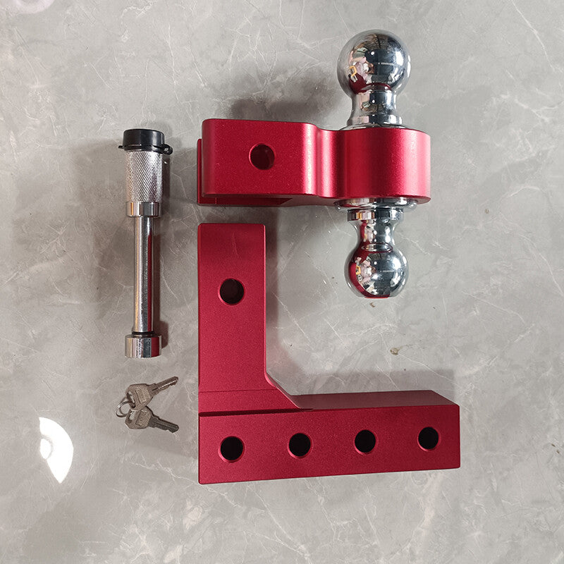 Red adjustable trailer hitch, double ball mount, fits 2-inch receiver, 6-inch drop-off.