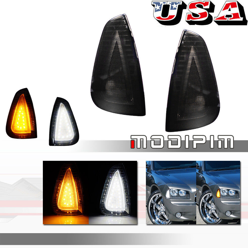 Smoked LED Side Marker Signal Lights, Amber with White Stripe, Suitable for Dodge Chargers (2006-10-)
