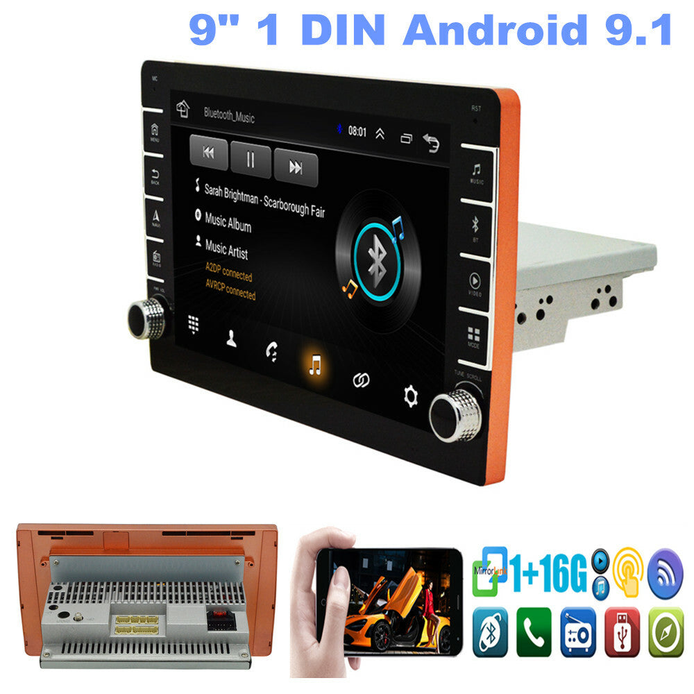 9-inch screen, 1 DIN, Android 9.1 quad-core car stereo MP5 radio player with GPS navigation. n
