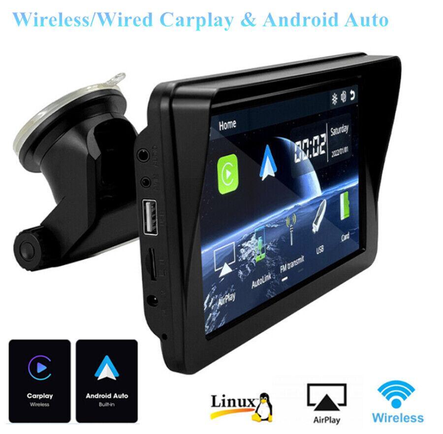 7-inch display car media player with wireless CarPlay, Android, MP5, GPS navigation, Bluetooth, and FM radio. n
