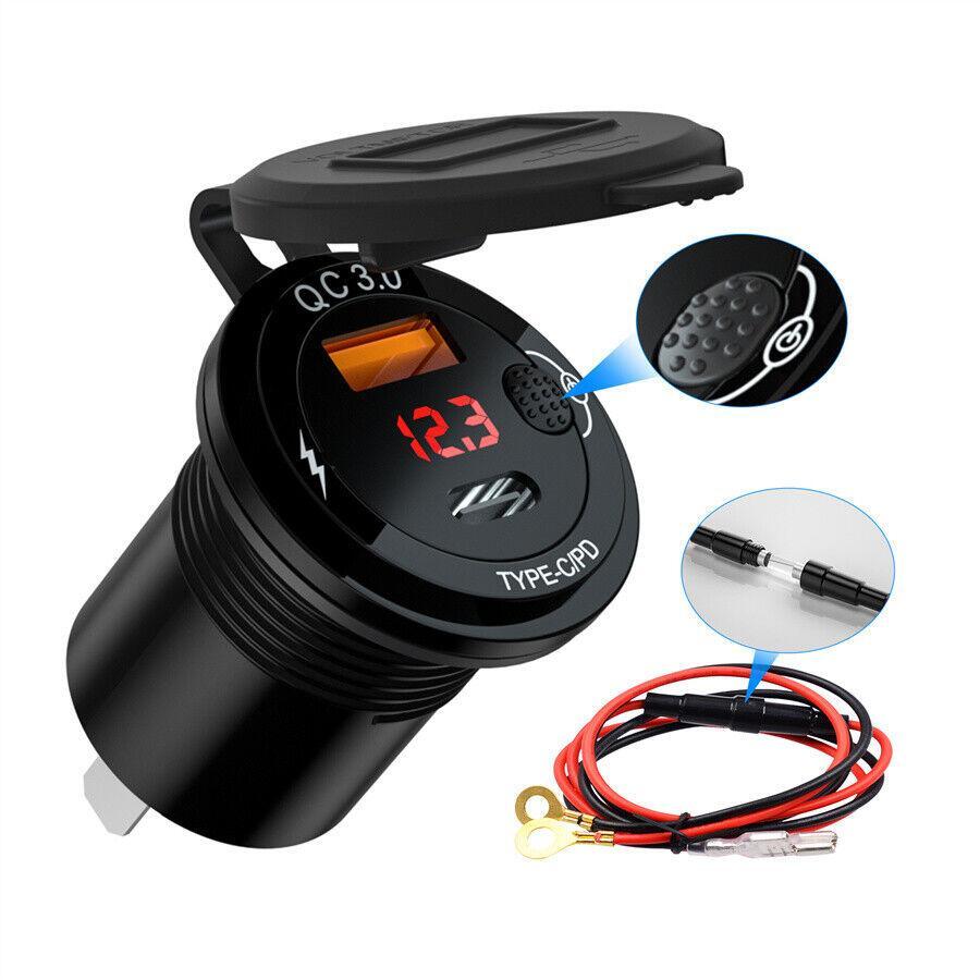 QC3.0 USB Type-C Car Fast Phone GPS Charger with Power Switch and Voltmeter Display n