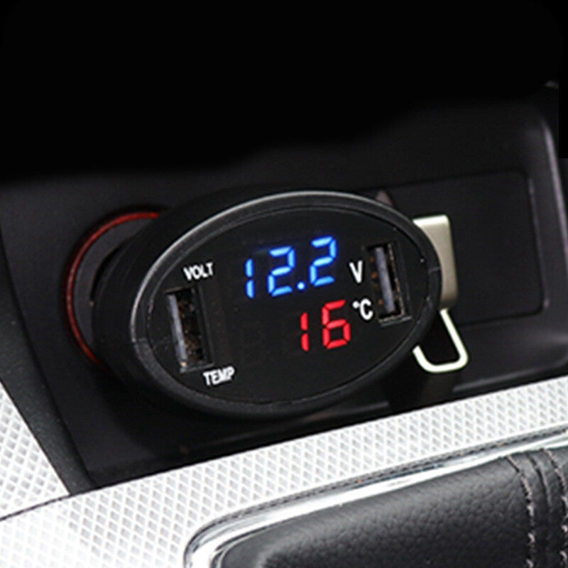 12V/24V 3-in-1 Dual USB Car Phone Charger Adapter with LED Display for Fast Charging n