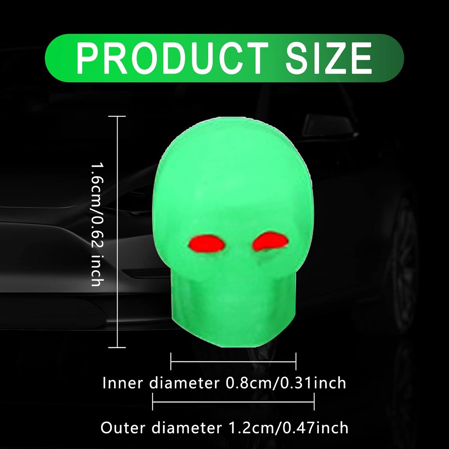4Pcs Skull Wheel Tire Caps Air Valve Stem Cover Universal Luminous Green Q
