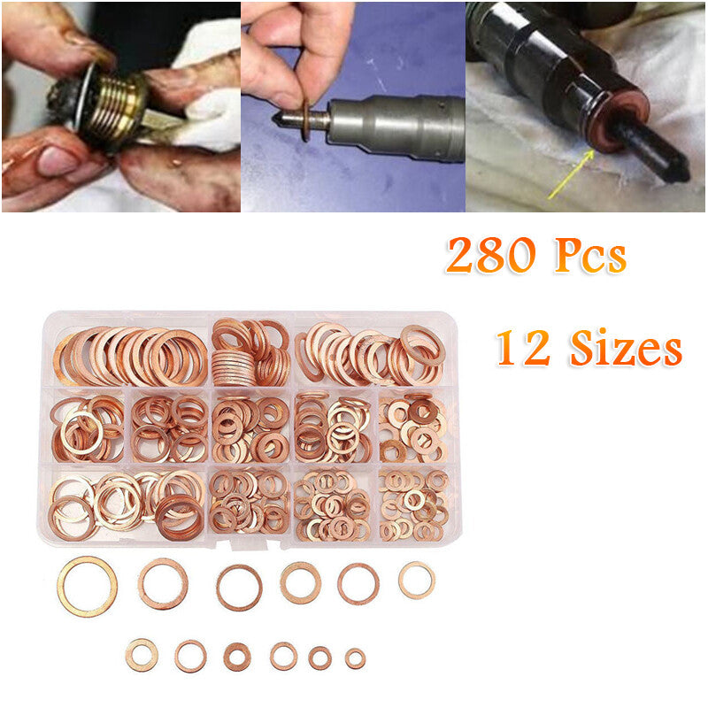280¡Á12 Sizes Solid Copper Crush Washers Assorted Seal Flat Ring Hardware kit v