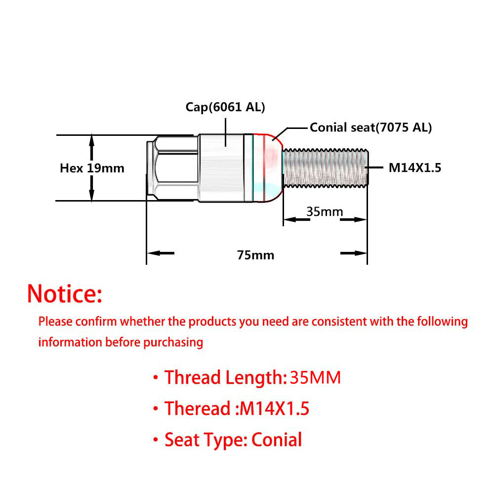 20-piece set of M14x1.5 wheel lug bolts, tapered for seat studs, 35mm shank, suitable for most aftermarket applications.