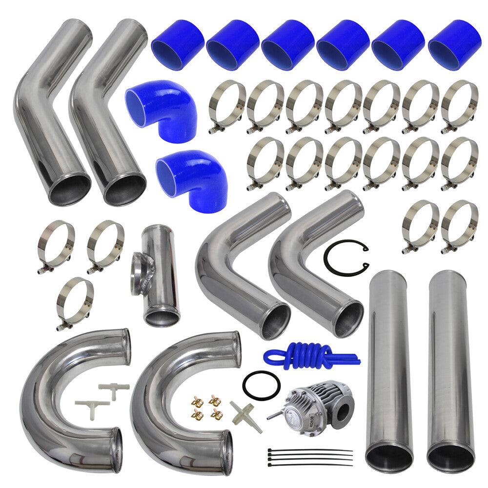 3 76mm Universal Intercooler Piping Kit + BOV Turbo Blow Off Valve Kit Blue