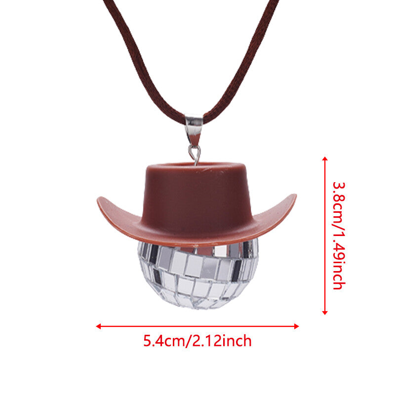 Cowboy Hat Disco Ball Car Ornamen Rearview Mirror Hanging Acessory Rope Brown