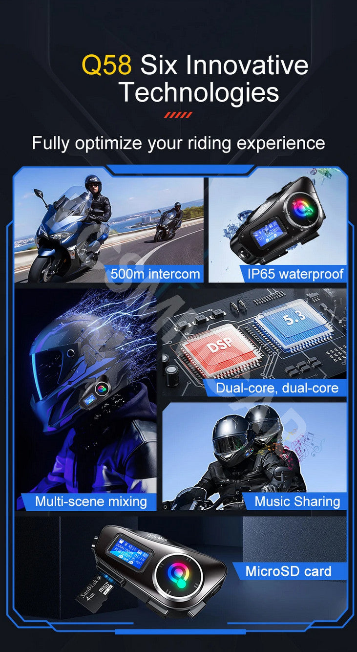 Motorcycle Helmet Intercom Bluetooth 5.3 Headset Riders Interphone Waterproof