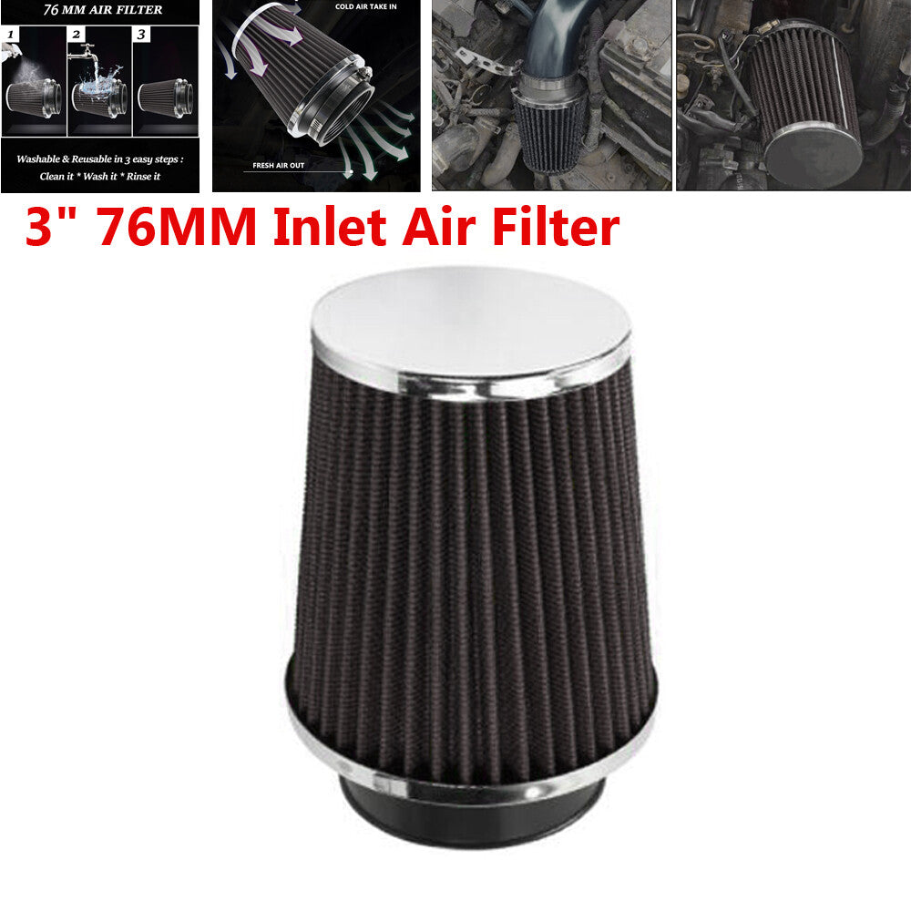 3-inch 76mm imported cold intake cone air filter component for off-road vehicles, black and durable.