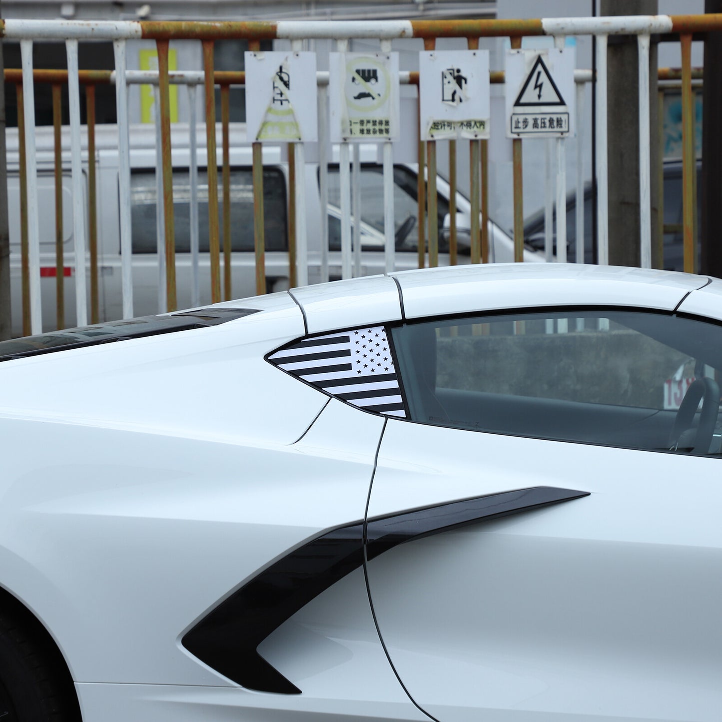 Rear Quarter Window American Flag Decal Sticker, White, for Corvette C8 2020-2023 n