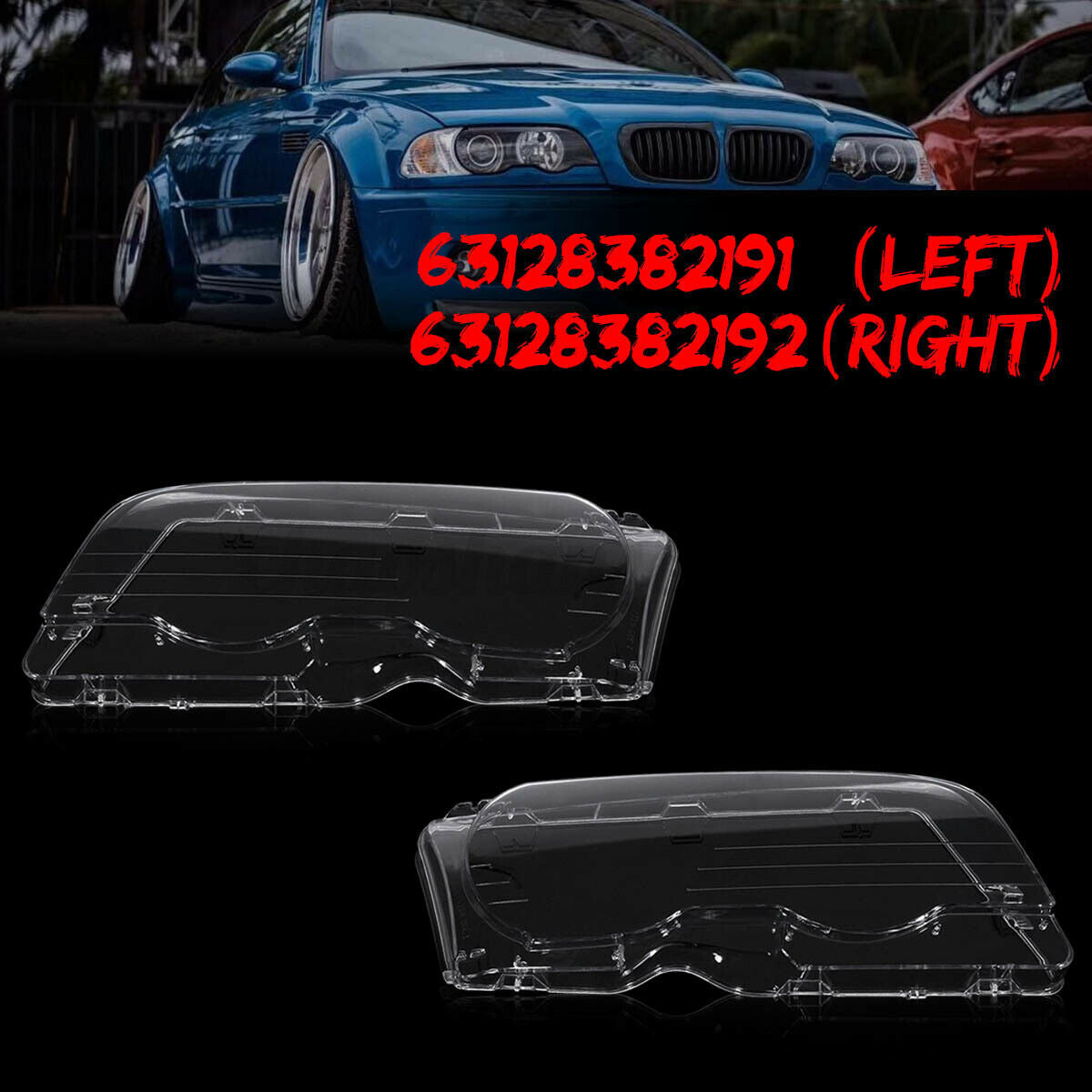 A pair of headlight lens covers for 1999-2003 for BMW E46 2DR M3 (pre-installed).