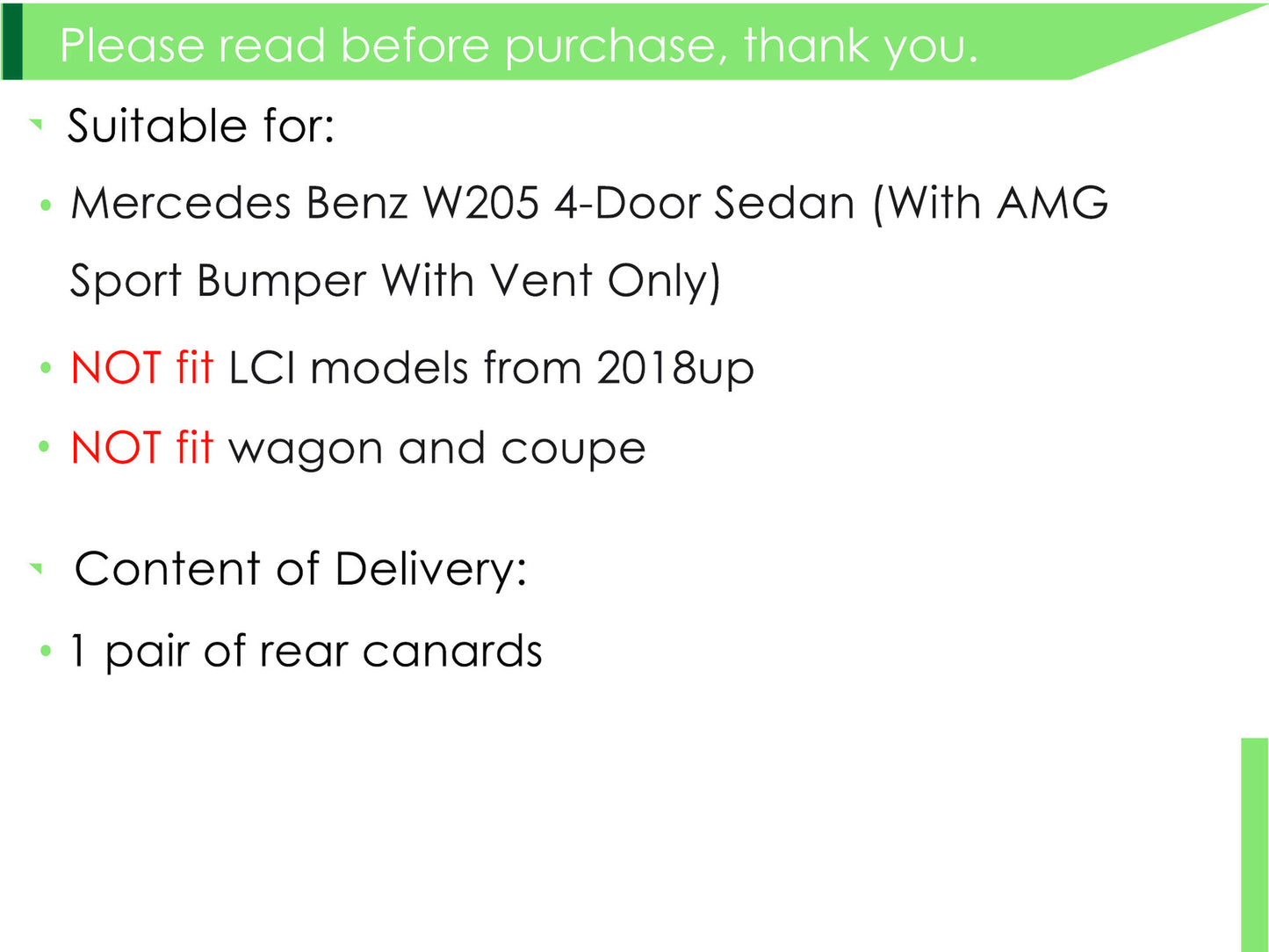 Gloss Black Rear Side Vent Canards for Mercedes W205 Sedan C450 C43 C300 AMG Q