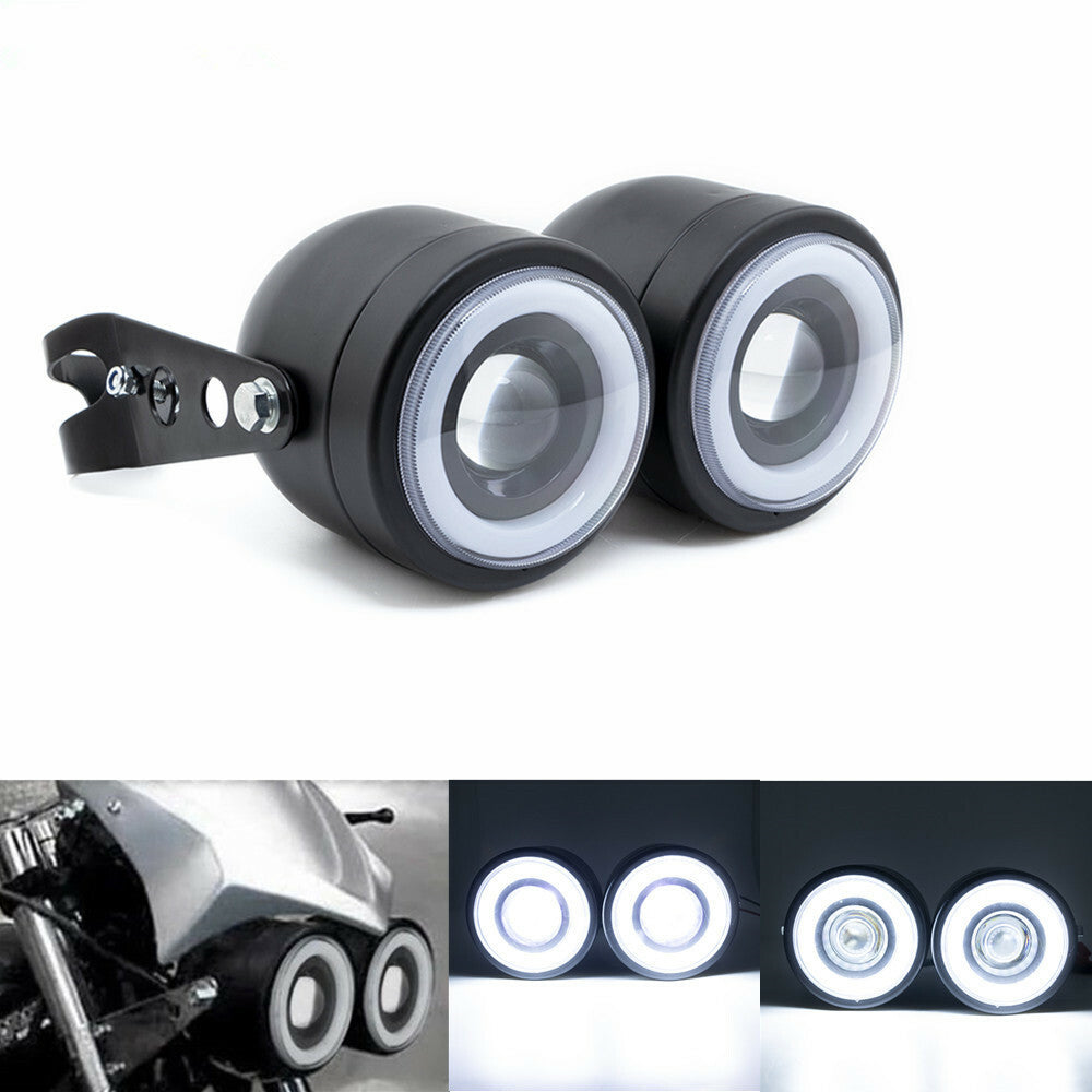 Black LED Twin Headlight Double Dual White DRL Lamp With Bracket For Cafe Racer Q