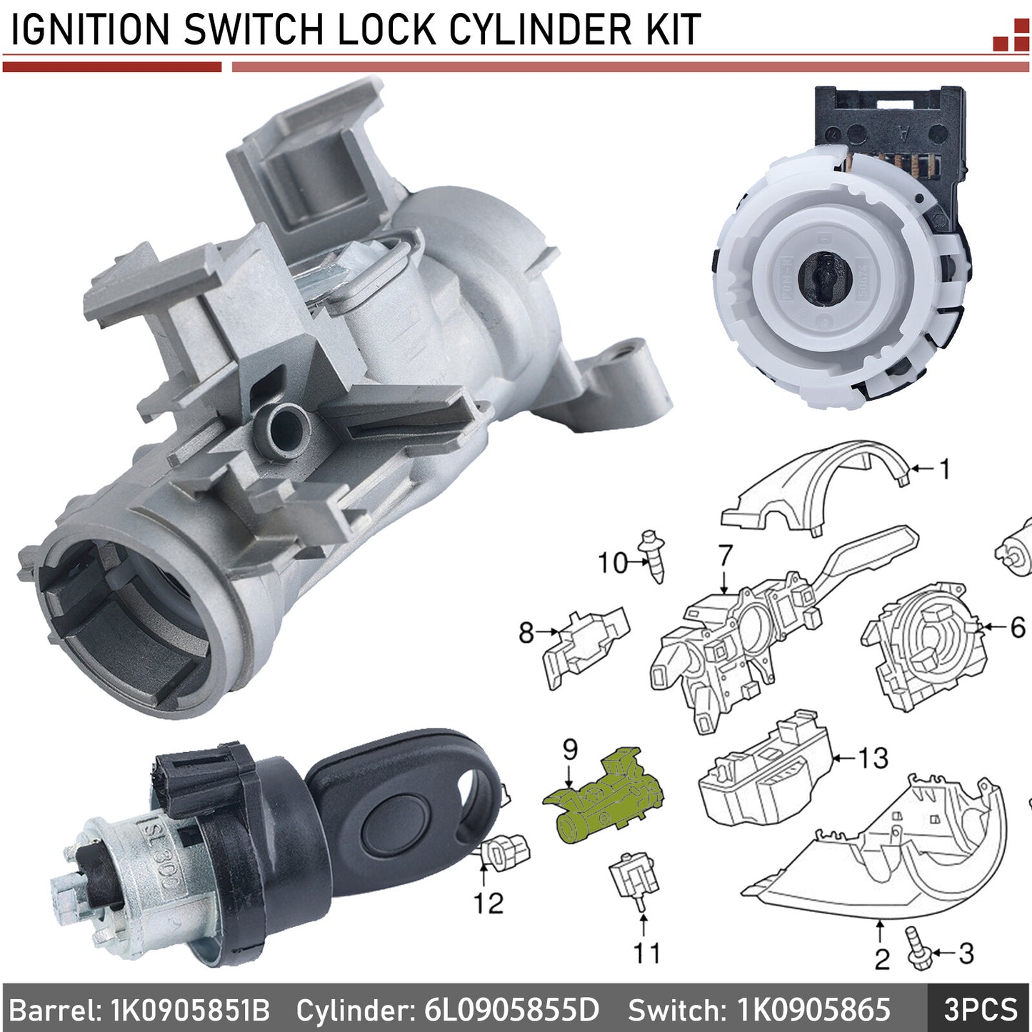 1K0905851B for VW for Golf for Audi A3 Ignition Bareel Lock Cylinder Switch Set & Key Q