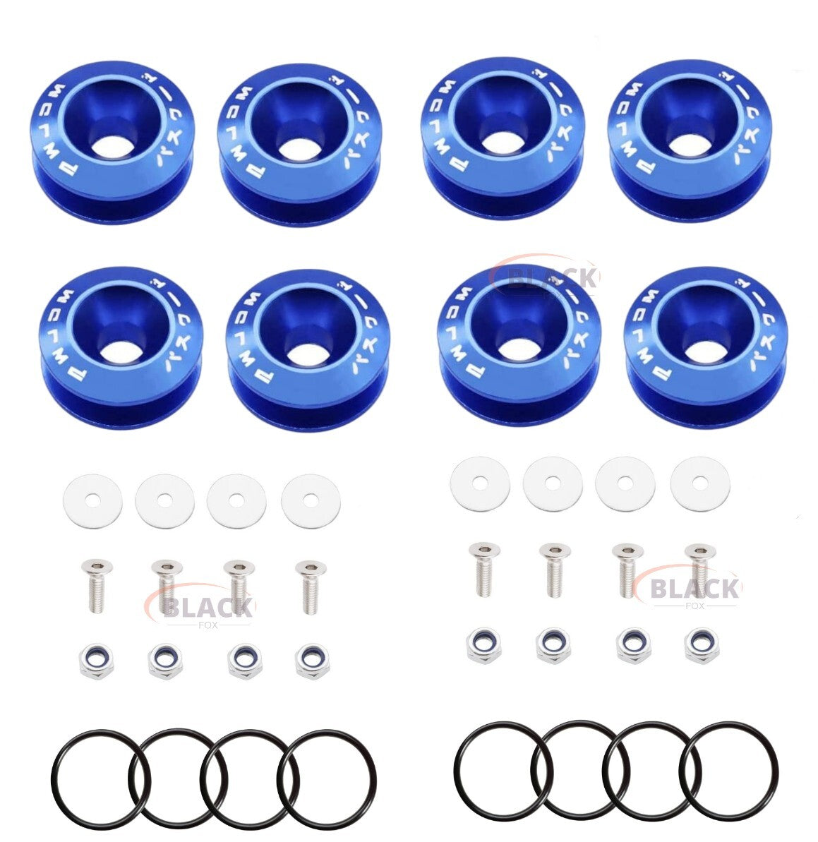 Blue aluminum quick-release fastener kit for car bumpers and trunk hatches (8 pieces)