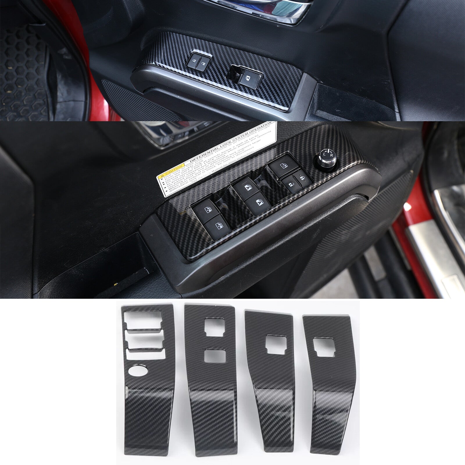 Carbon fiber exterior trim for door and window switches and liftgate covers for Toyota Tacoma 2016-2022