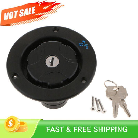 Black universal water and fuel tank cap with neck strap lock and key suitable for RVs and motorhomes