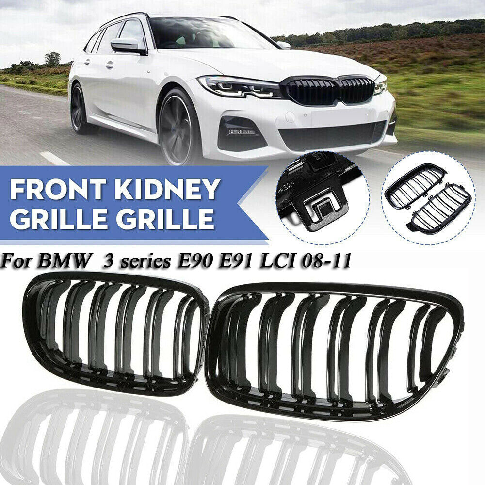 Left and right front bumper kidney grilles for BMW 3 Series E90 E91 LCI, gloss black.
