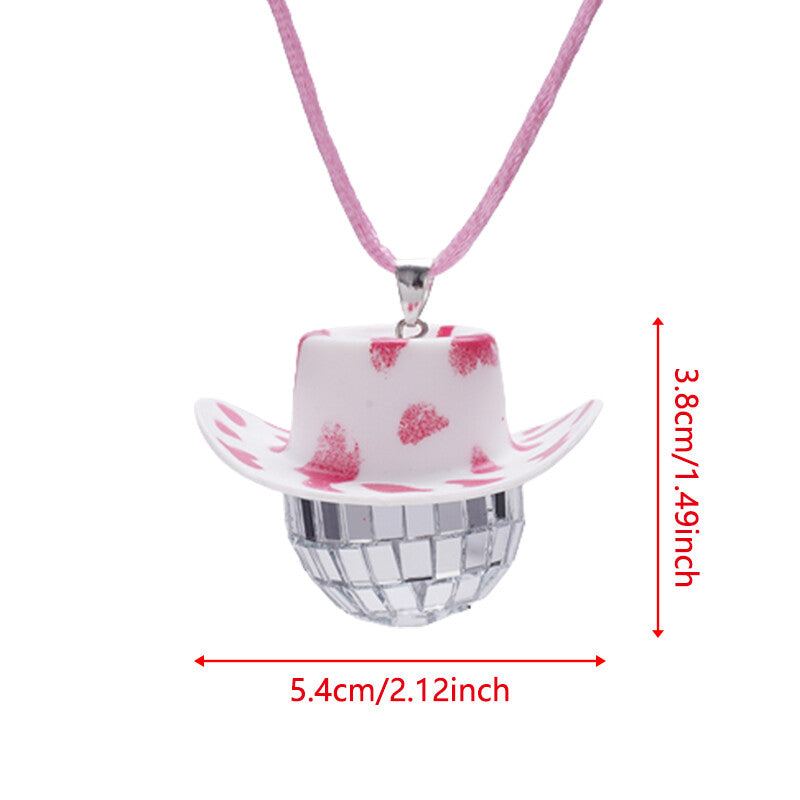Cowboy Hat Disco Ball Car Ornamen Rearview Mirror Hanging Acessory Rope Cow Red