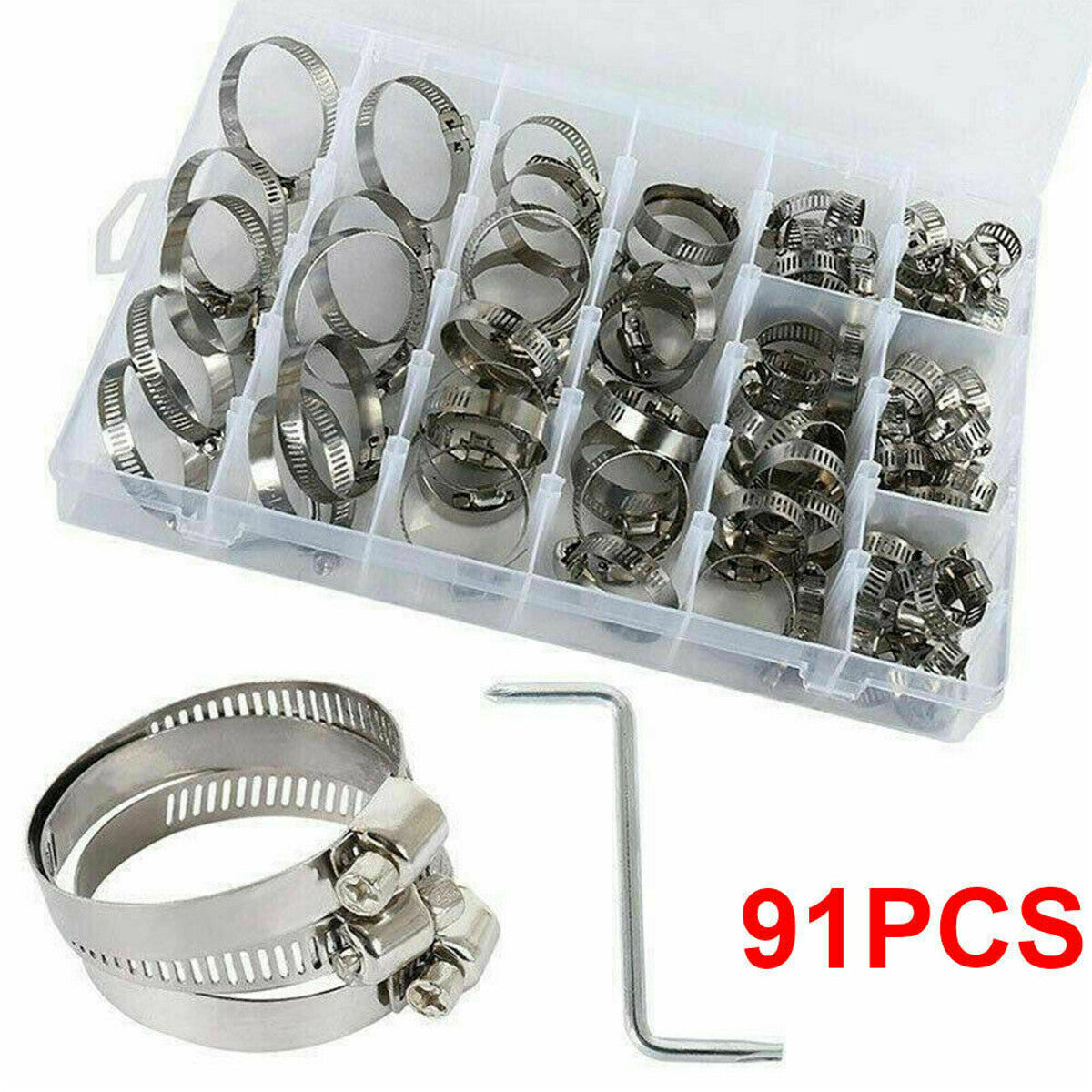 91pcs Stainless Steel Hose Clamps Clips Range Worm Gear Pipe Clamp Kit
