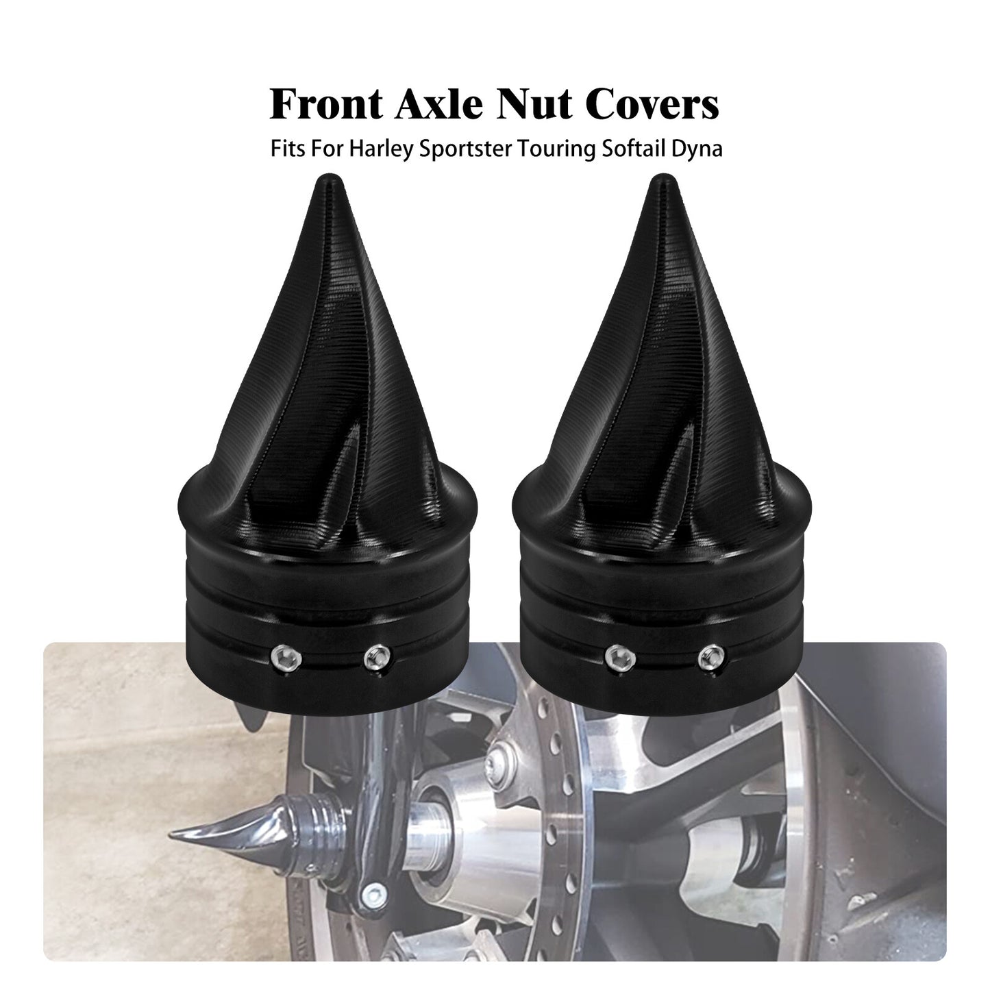 Black Twisted Spike Front Axle Nut Covers for Harley Touring Electra Glide Dyna