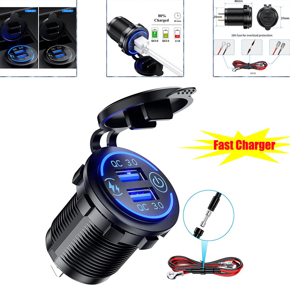 Dual QC3.0 USB fast charger socket power adapter suitable for cars, motorcycles, and boats. n
