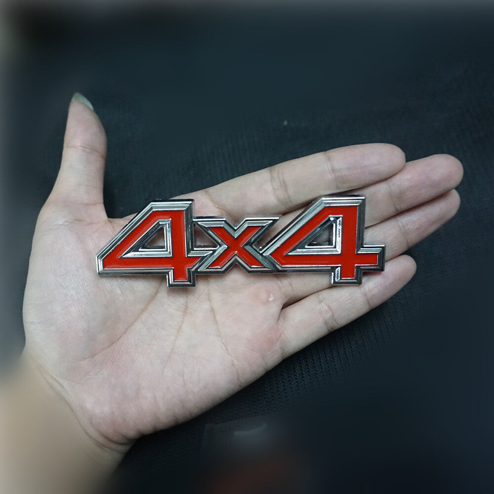 Red Silver 4x4 Chrome Metal Grille Emblem + 2x Decal Sticker Badge Motor Limited